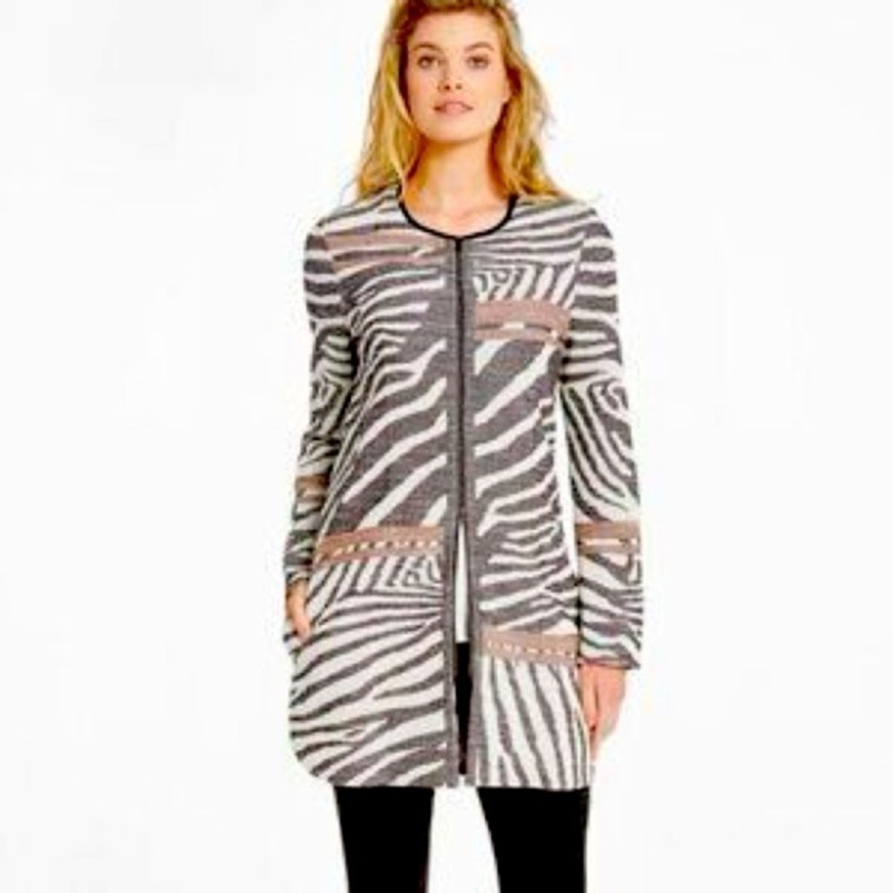 NIC+ZOE Wild One Zebra Print Zip Front Cardigan Jacket Black White‎ Metallic M